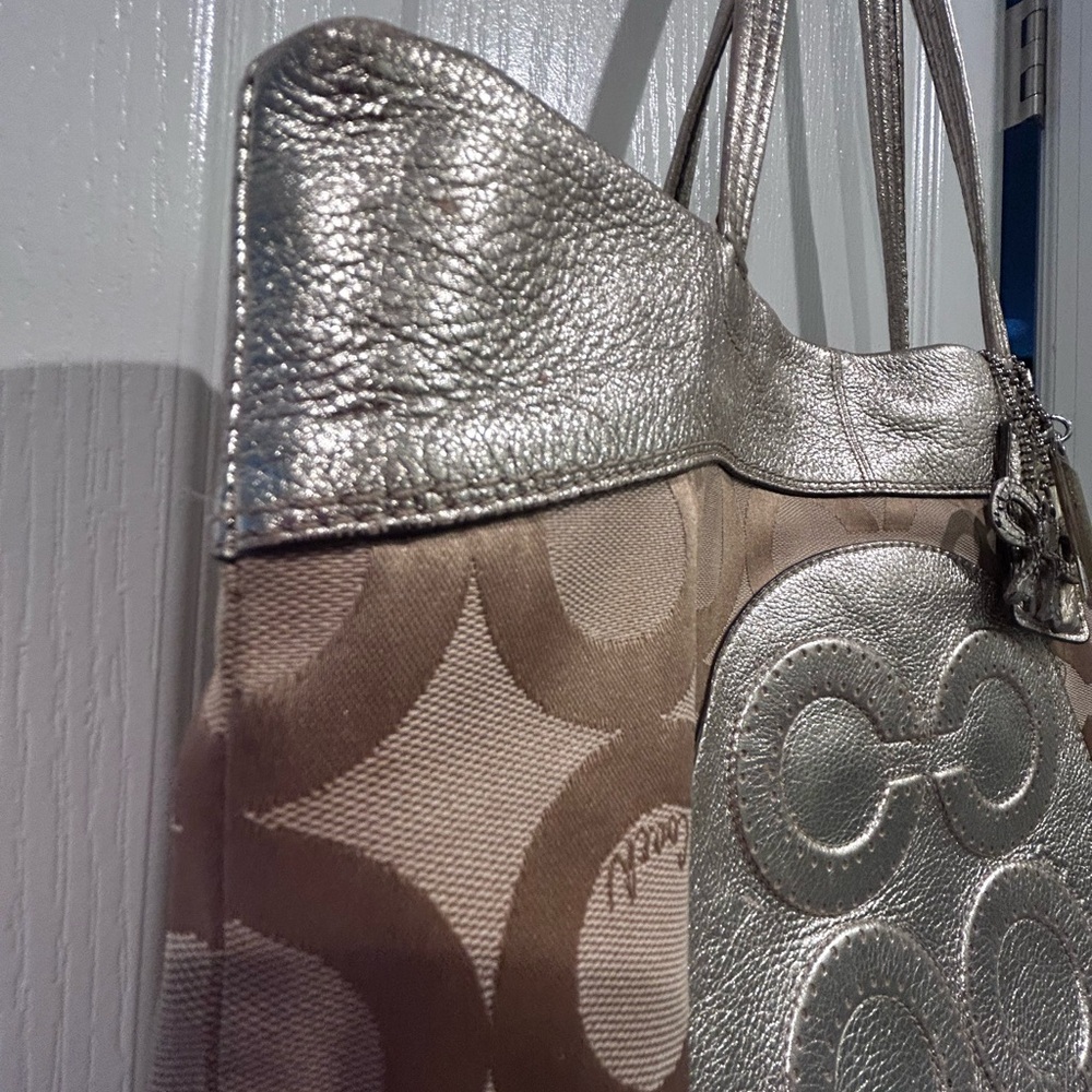 Coach Metallic Gold Hue and Tan Monogram Tote - Picture 3 of 15
